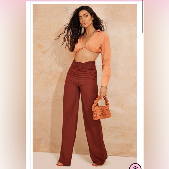 Rust Linen Look Ring Front Wide Leg Pants - Picture 5 of 7